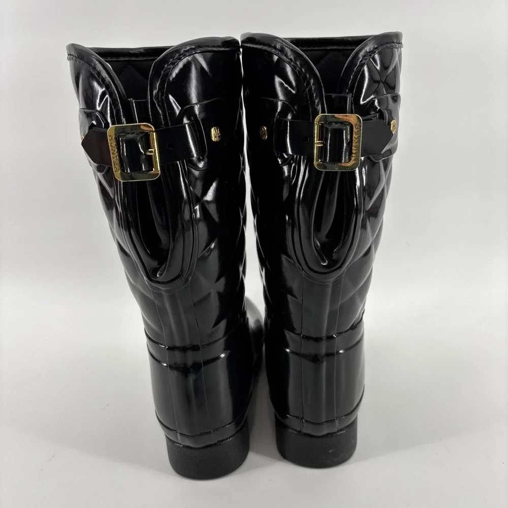 Hunter Refined Black Gloss Quilted Short Rain Boots Women's US 5 EU 36‎ Pull On